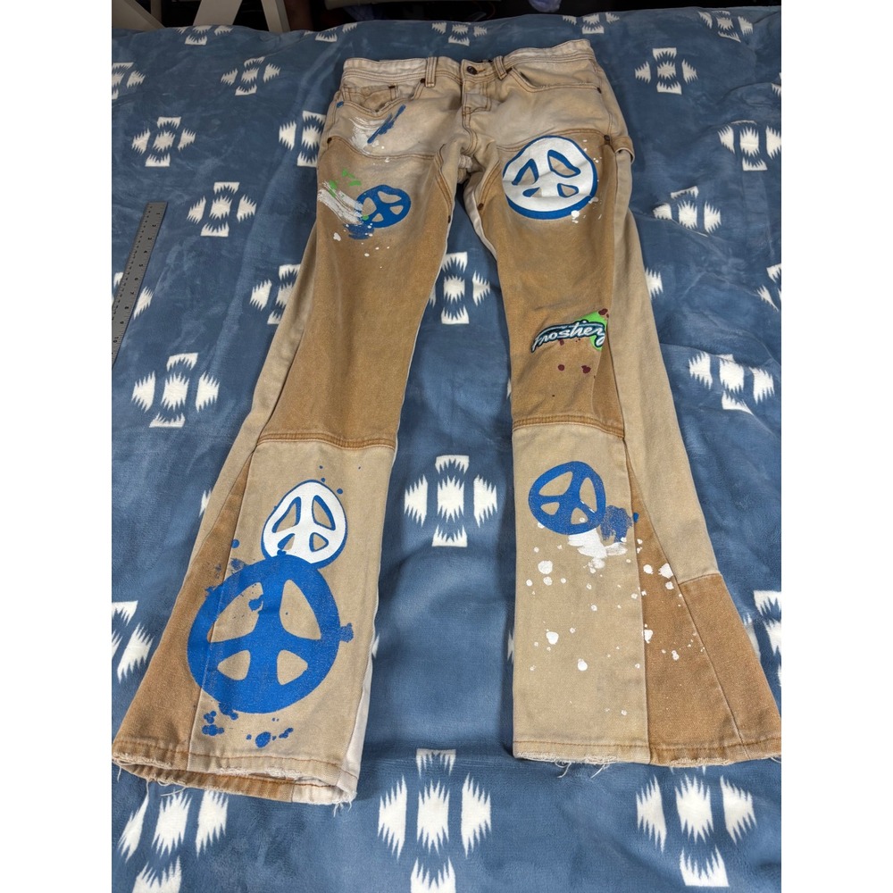 Polar Frostiez Tan Canvas Peace Sign Paint Splatter Double Knee Pants Size 32